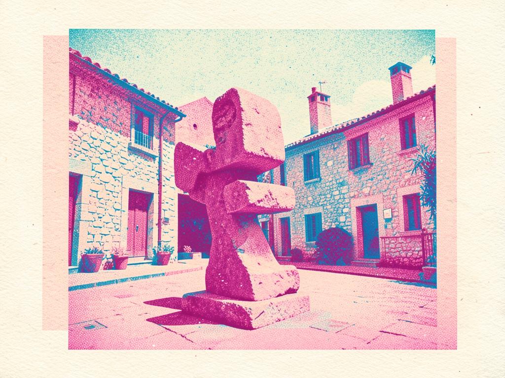 Sculpture installée sur une place de village, imprimée en deux encres