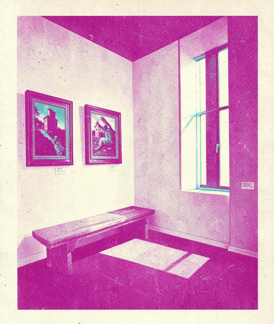 Salle d'exposition du village, accrochage de tableaux, imprimé en deux encres